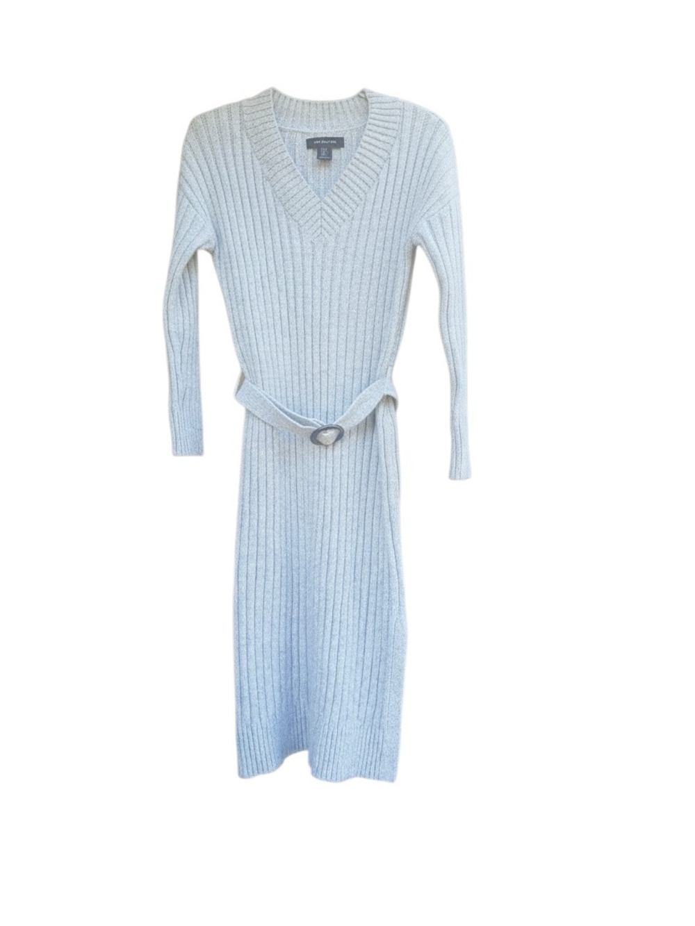 Tahari Gray Ribbed Knit Midi Sweater Dress V-Neck Belted Size Small